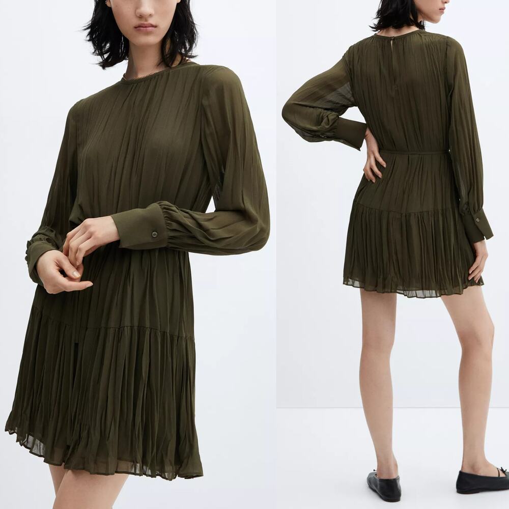 Mango Long Sleeves Pleated A-Line Mini Dress Olive Green Women's Size XL